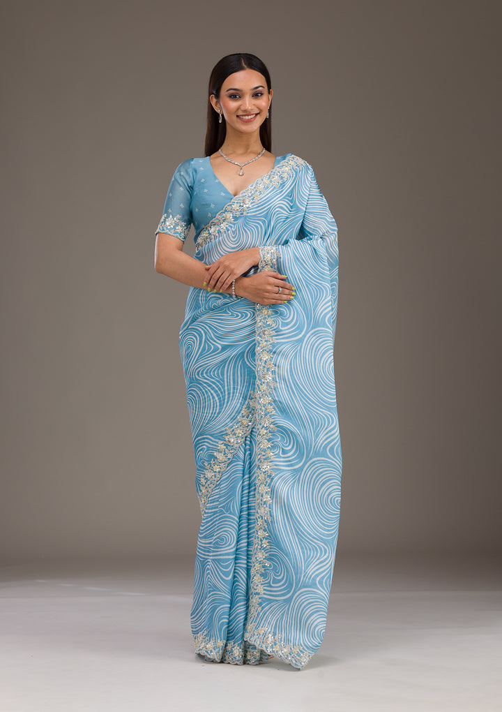 Sky Blue Zariwork Georgette Saree