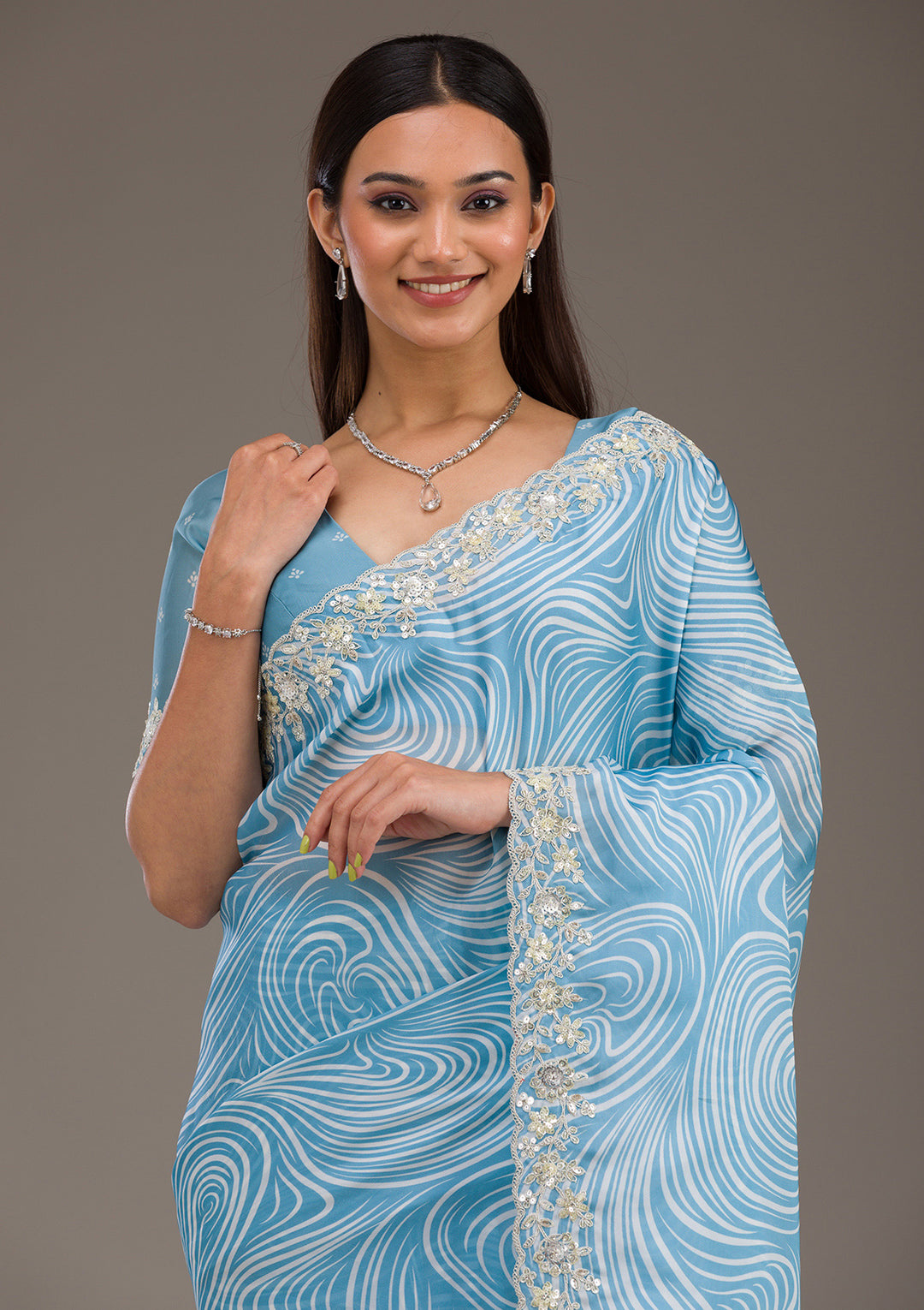 Sky Blue Zariwork Georgette Saree