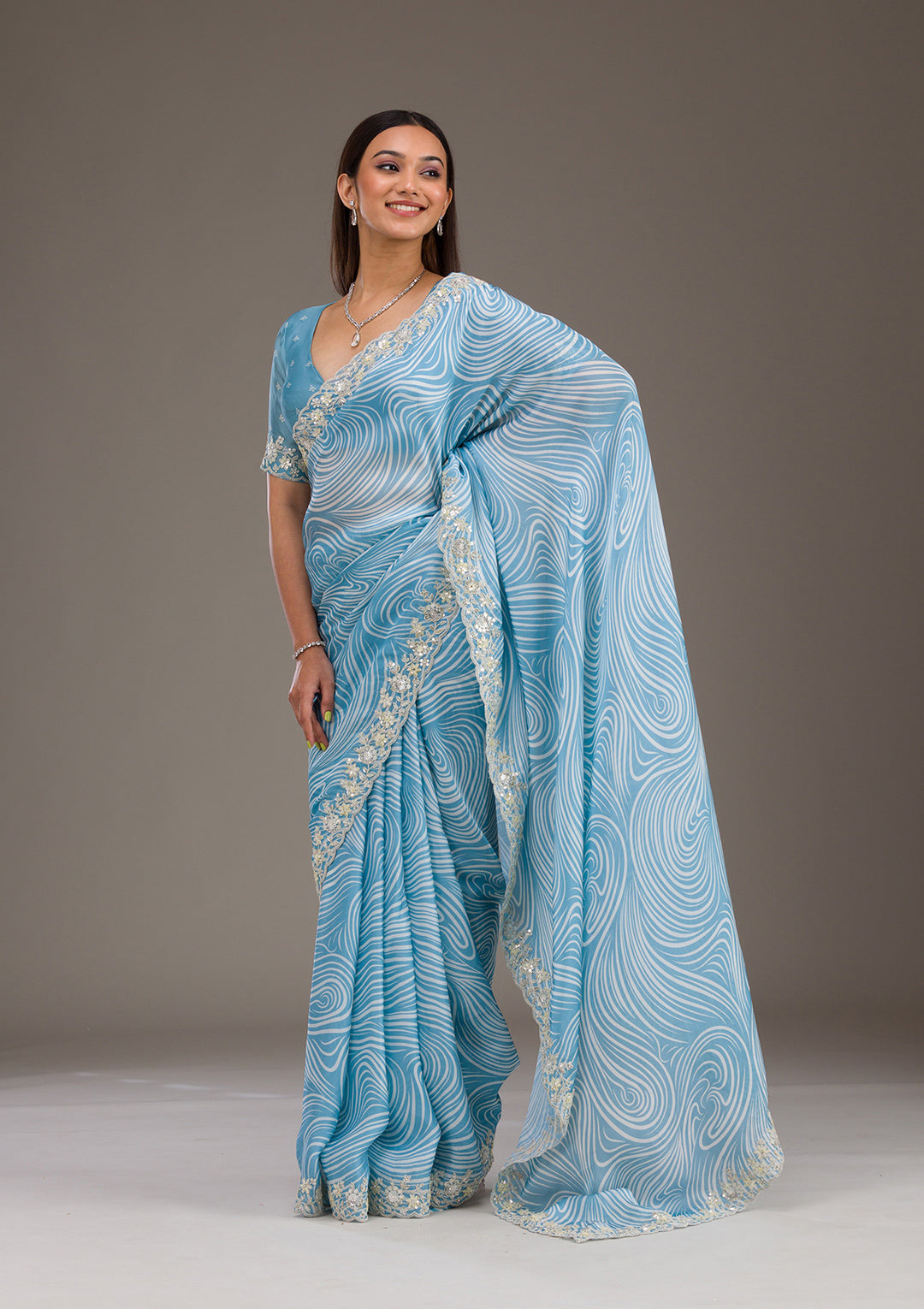 Sky Blue Zariwork Georgette Saree