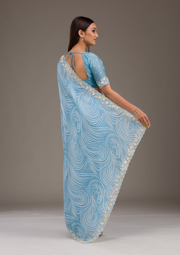 Sky Blue Zariwork Georgette Saree