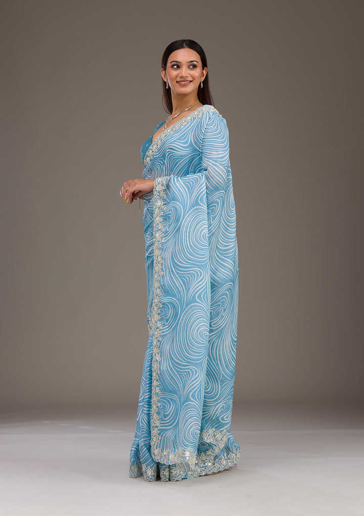 Sky Blue Zariwork Georgette Saree