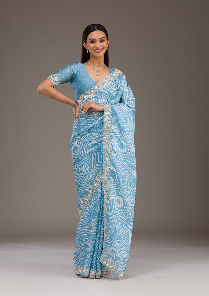 Sky Blue Zariwork Georgette Saree