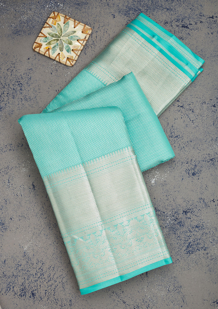 Sky Blue Silk Jaal Gold Zariwork Saree With Matching Blouse Piece