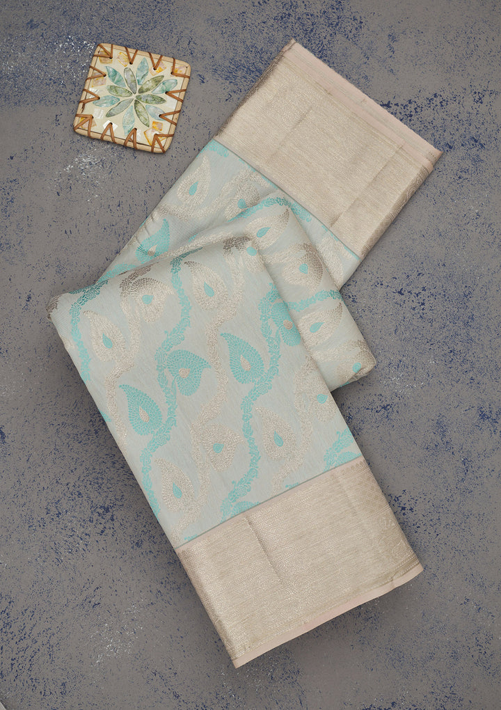 Sky Blue Tissue Jaal Silver Zariwork Saree With Matching Blouse Piece