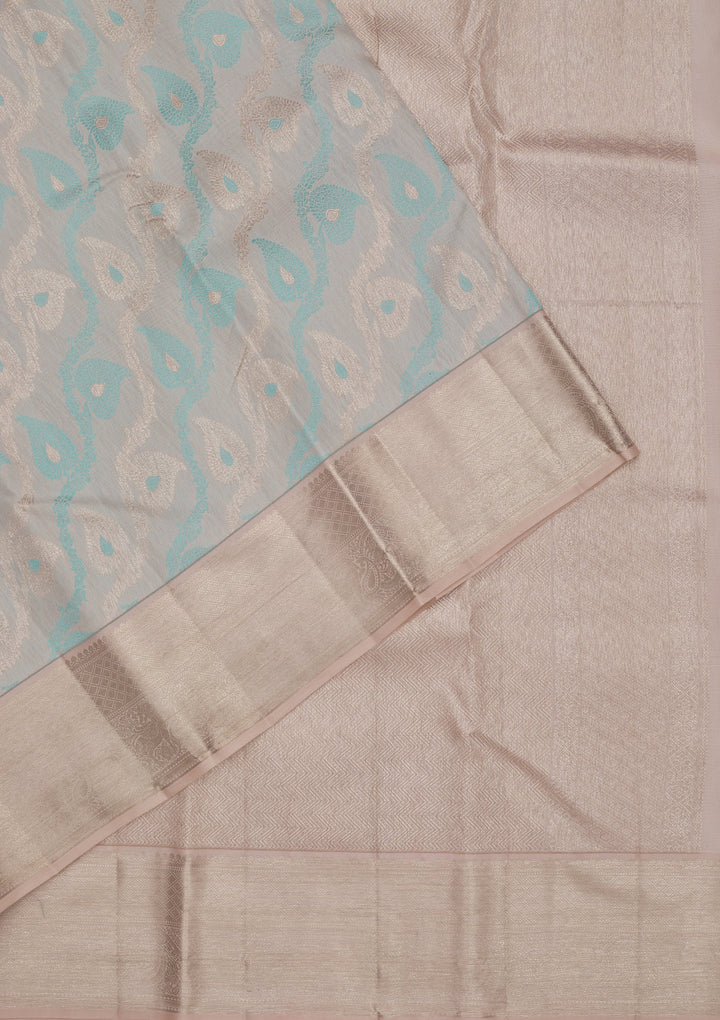 Sky Blue Tissue Jaal Silver Zariwork Saree With Matching Blouse Piece