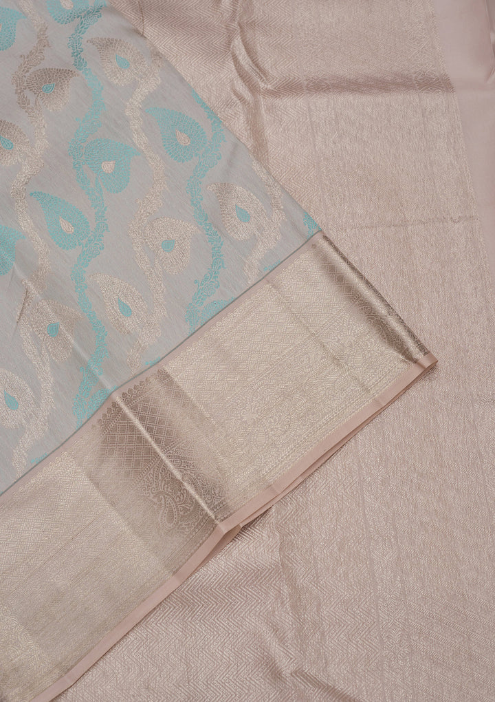 Sky Blue Tissue Jaal Silver Zariwork Saree With Matching Blouse Piece