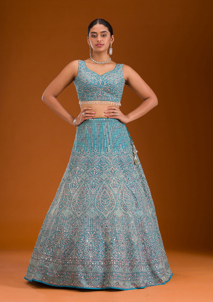 Turquoise Blue Threadwork Net Readymade Lehenga