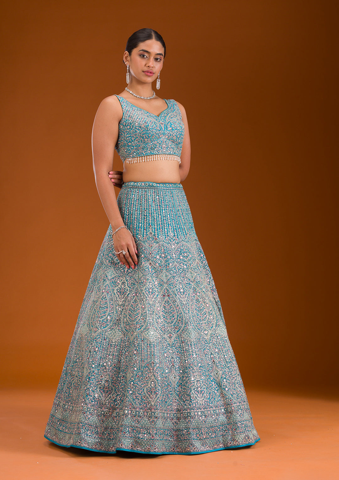 Turquoise Blue Threadwork Net Readymade Lehenga