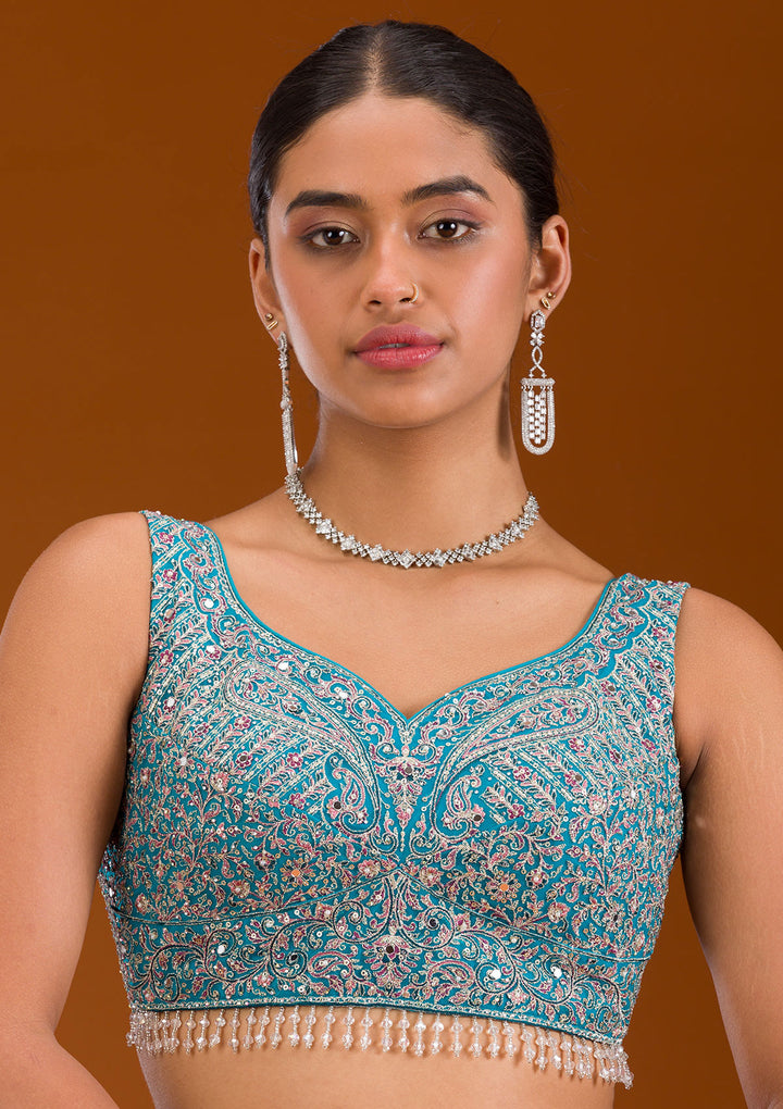 Turquoise Blue Threadwork Net Readymade Lehenga