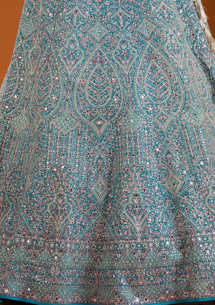 Turquoise Blue Threadwork Net Readymade Lehenga