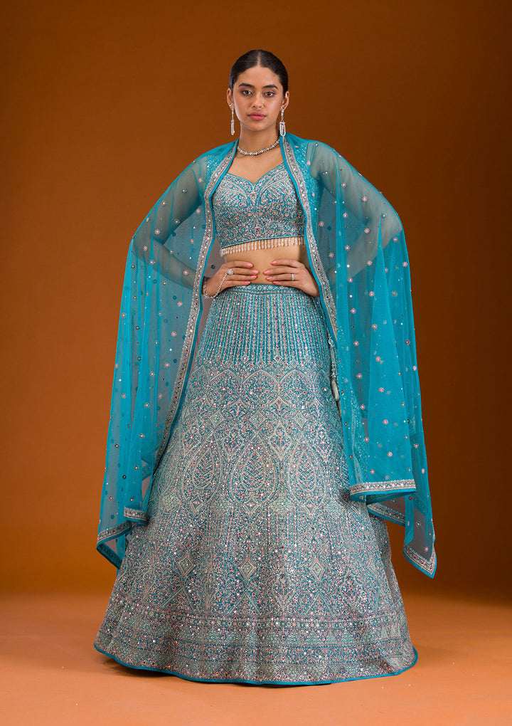 Turquoise Blue Threadwork Net Readymade Lehenga