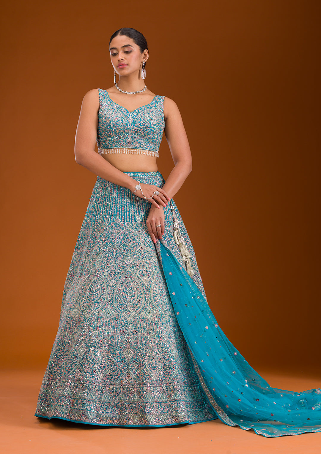 Turquoise Blue Threadwork Net Readymade Lehenga