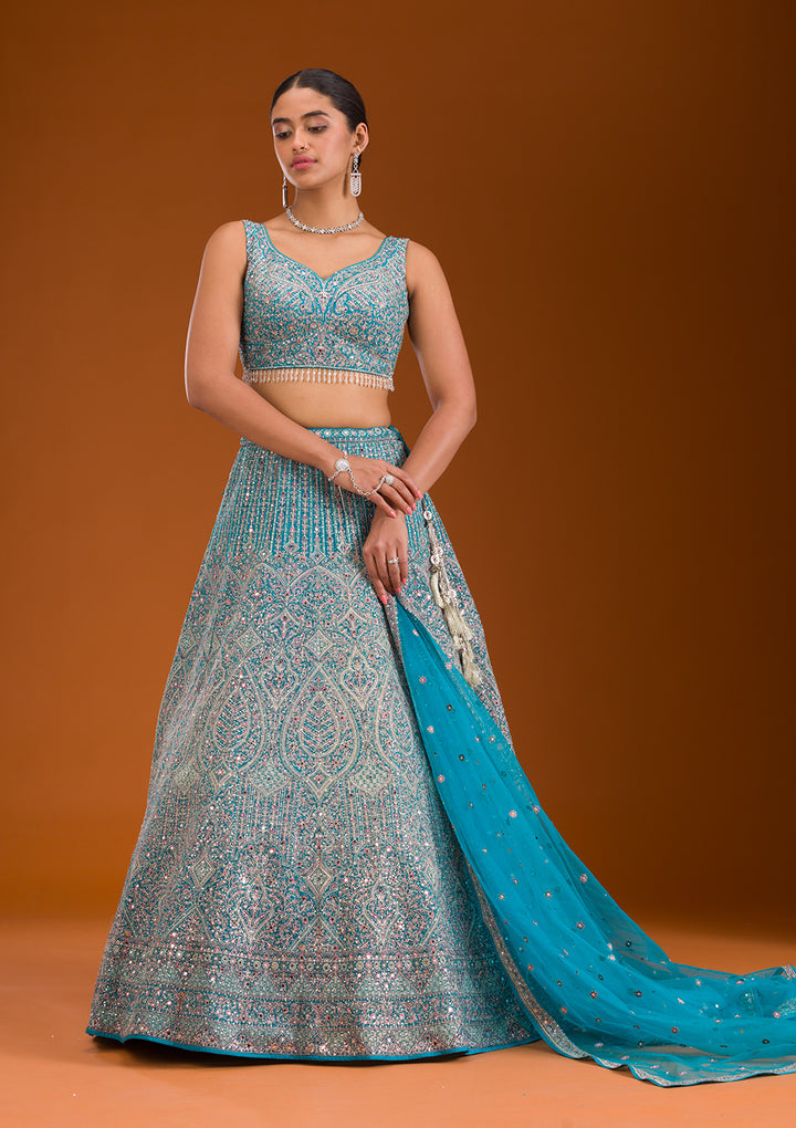 Turquoise Blue Threadwork Net Readymade Lehenga