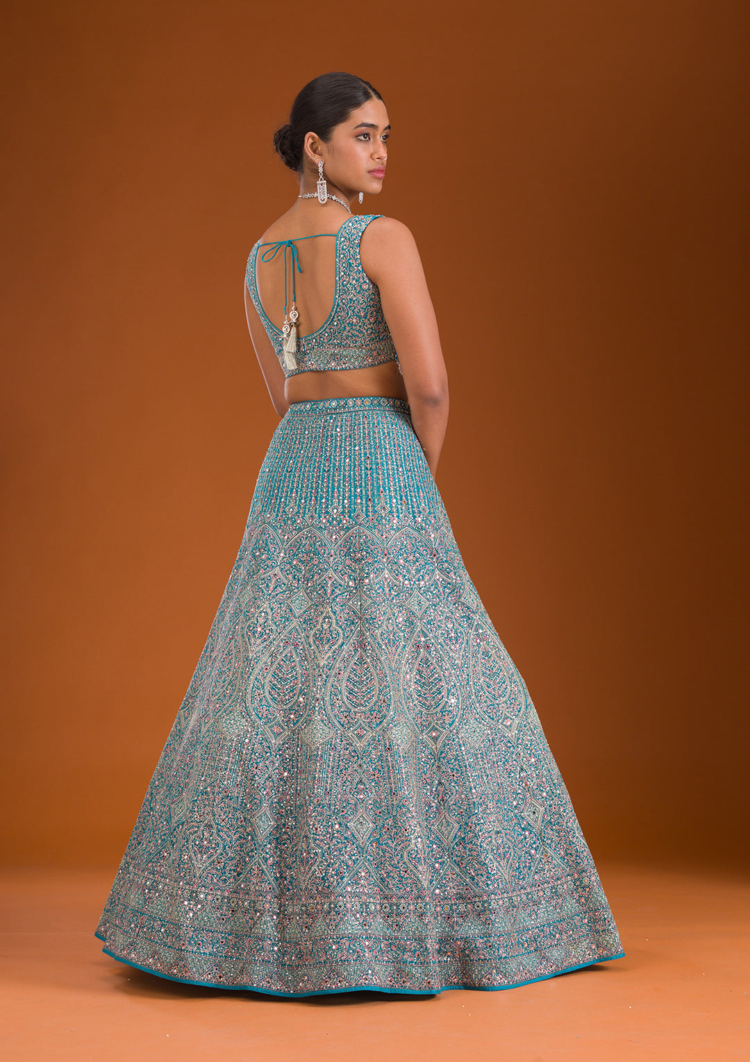 Turquoise Blue Threadwork Net Readymade Lehenga