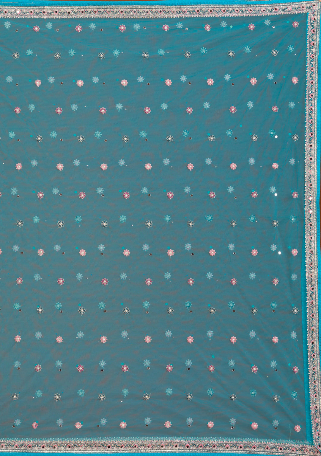 Turquoise Blue Threadwork Net Readymade Lehenga