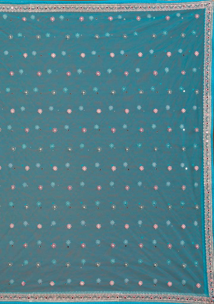 Turquoise Blue Threadwork Net Readymade Lehenga