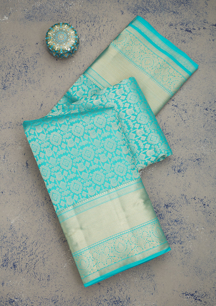 Turquoise Blue Silk Jaal Gold Zariwork Saree With Matching Blouse Piece