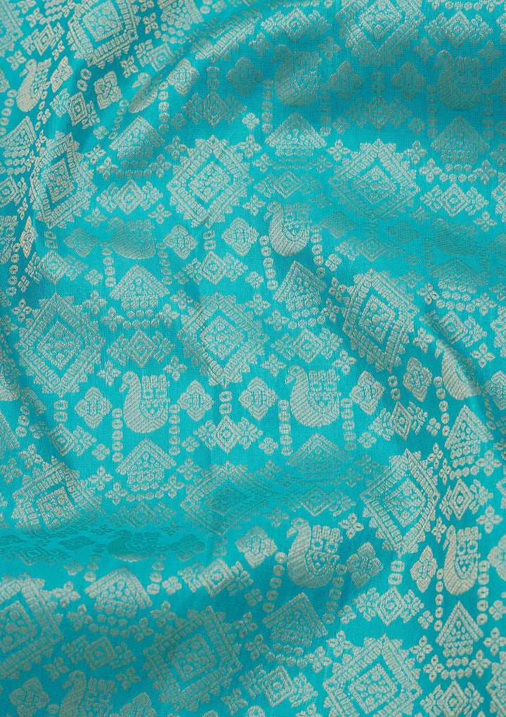 Turquoise Blue Silk Jaal Gold Zariwork Saree With Matching Blouse Piece