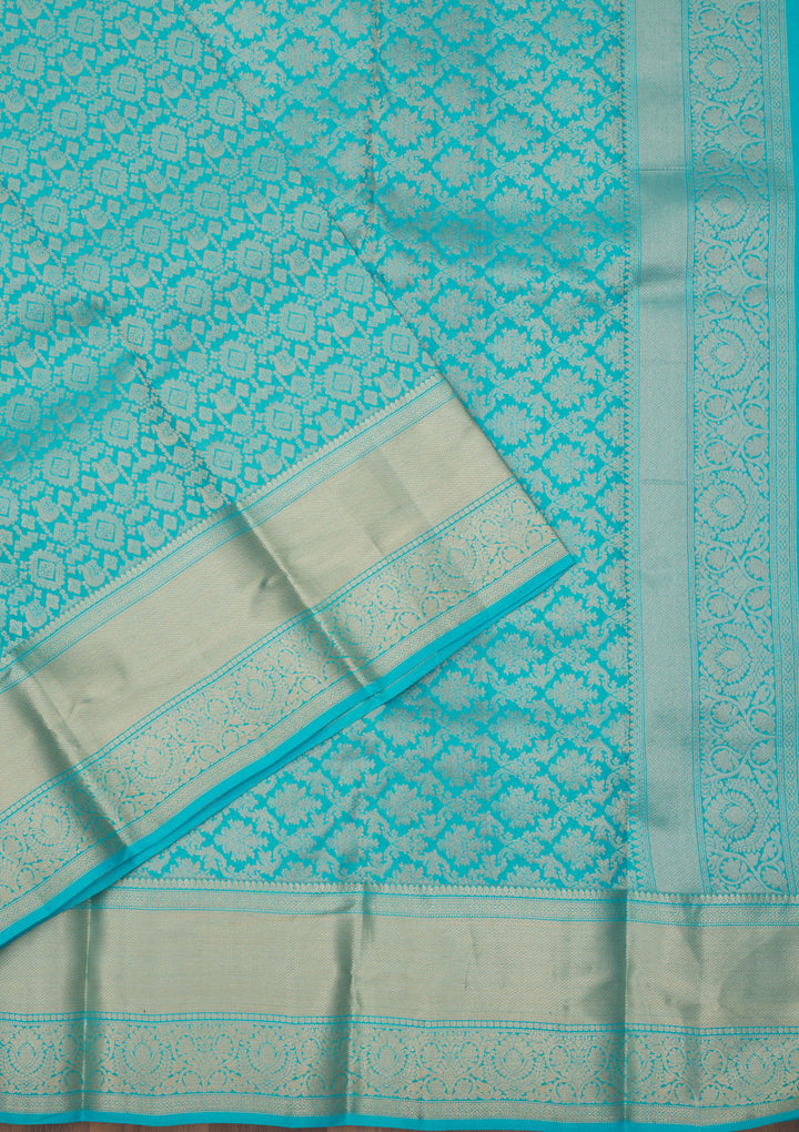 Turquoise Blue Silk Jaal Gold Zariwork Saree With Matching Blouse Piece