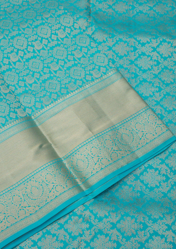 Turquoise Blue Silk Jaal Gold Zariwork Saree With Matching Blouse Piece