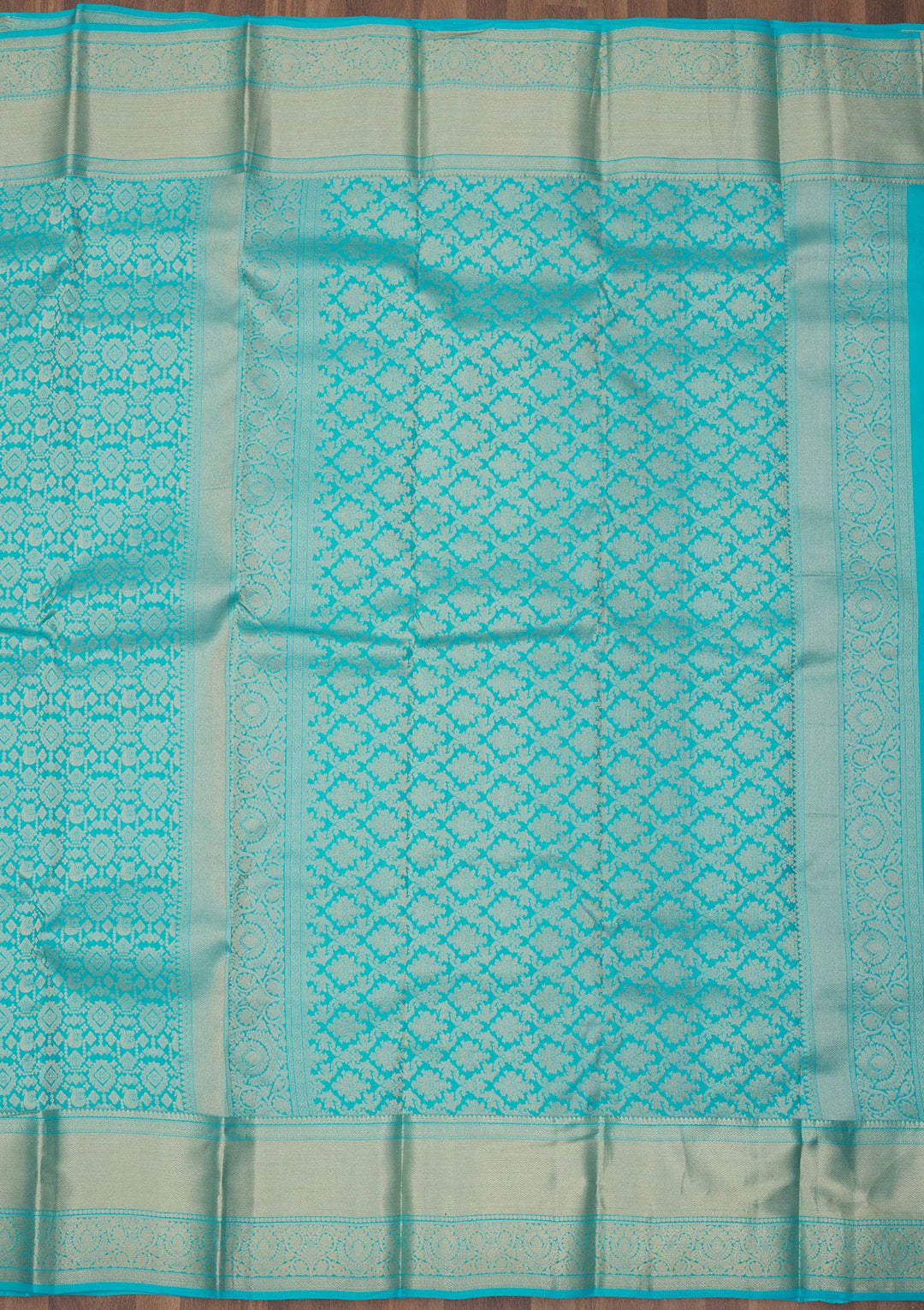 Turquoise Blue Silk Jaal Gold Zariwork Saree With Matching Blouse Piece