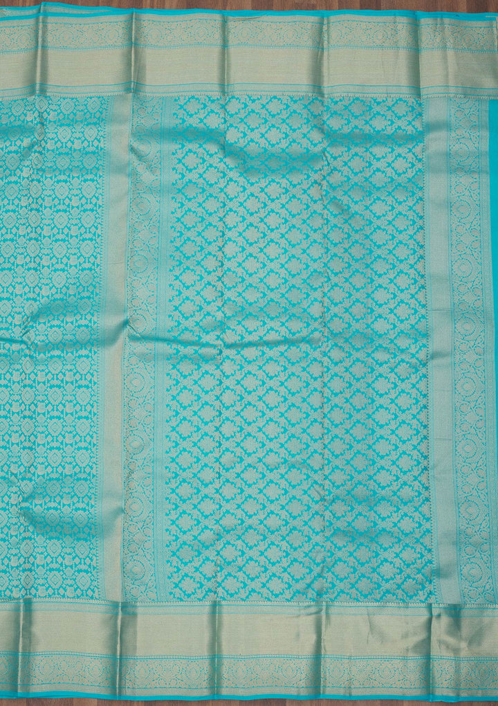 Turquoise Blue Silk Jaal Gold Zariwork Saree With Matching Blouse Piece