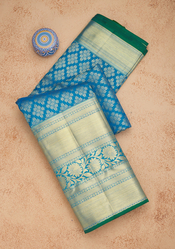 Turquoise Blue Silk Jaal Gold Zariwork Saree With Matching Blouse Piece