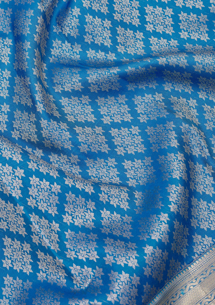Turquoise Blue Silk Jaal Gold Zariwork Saree With Matching Blouse Piece