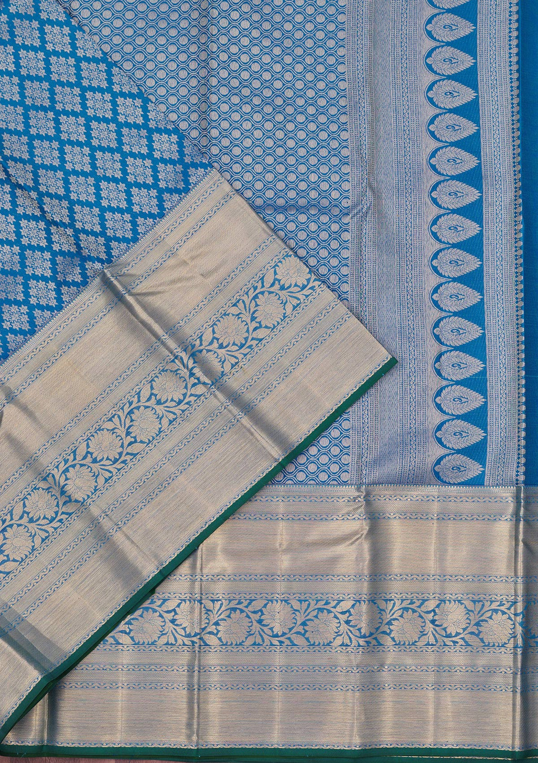 Turquoise Blue Silk Jaal Gold Zariwork Saree With Matching Blouse Piece