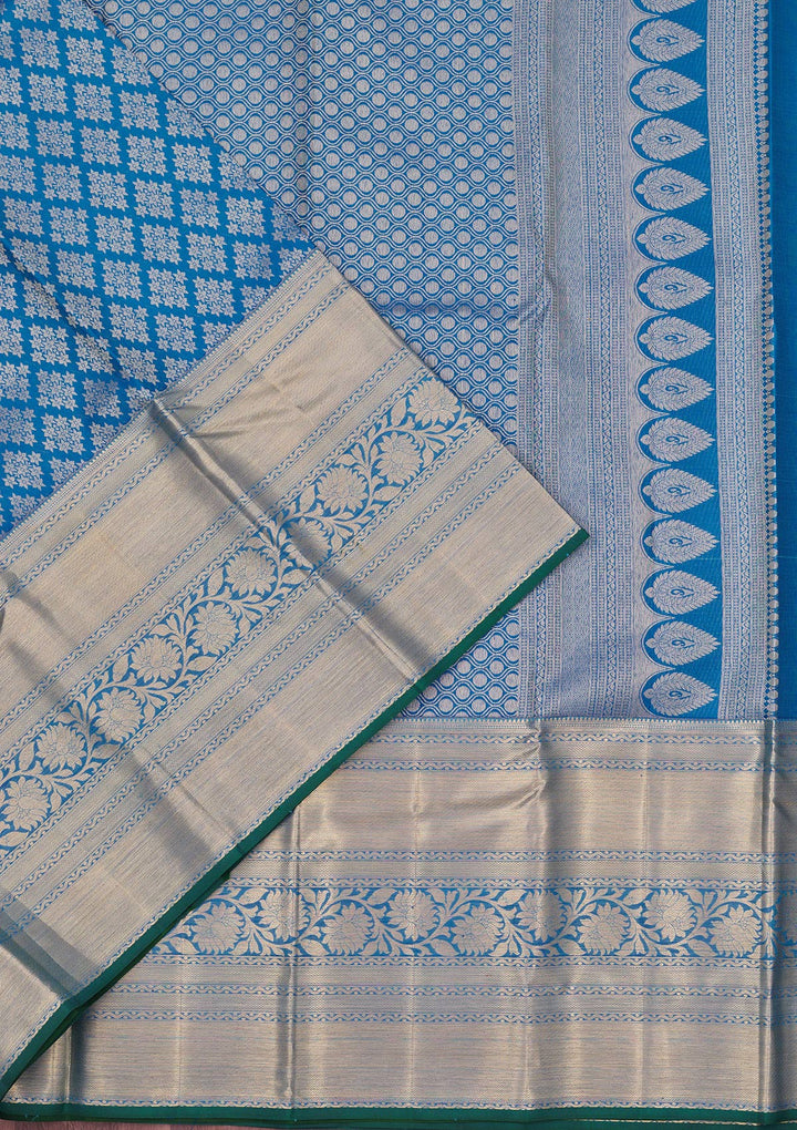 Turquoise Blue Silk Jaal Gold Zariwork Saree With Matching Blouse Piece