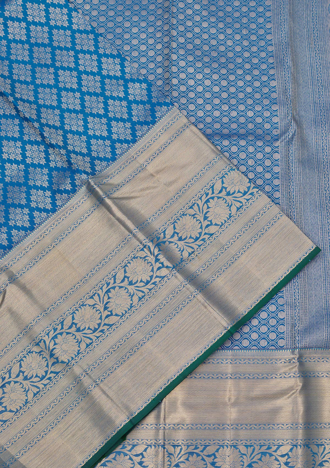 Turquoise Blue Silk Jaal Gold Zariwork Saree With Matching Blouse Piece