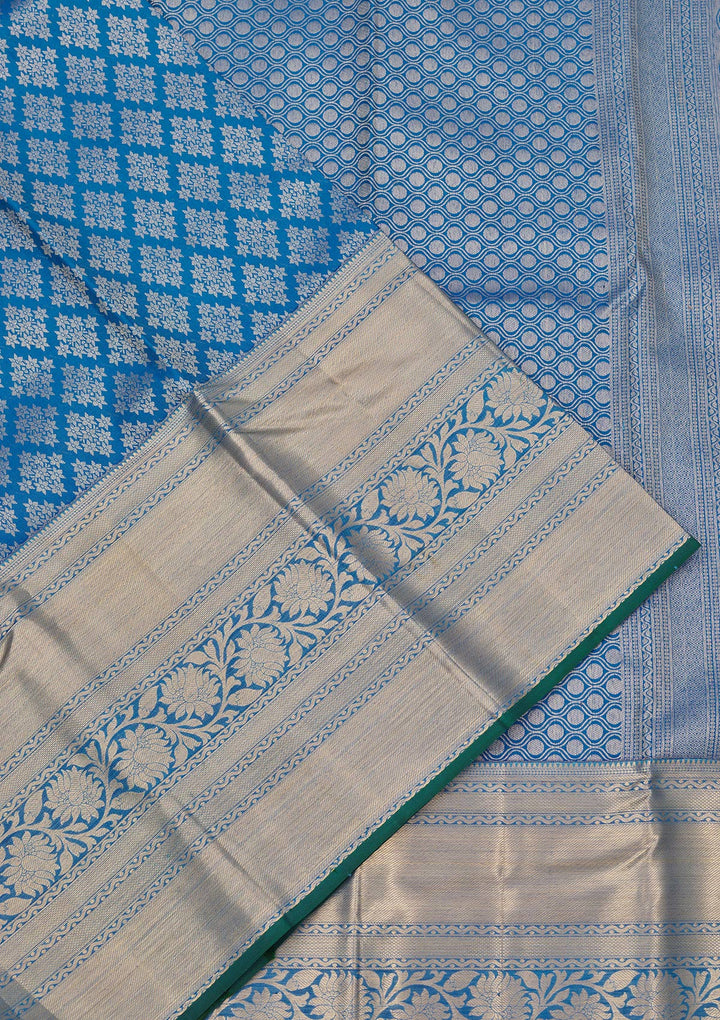 Turquoise Blue Silk Jaal Gold Zariwork Saree With Matching Blouse Piece