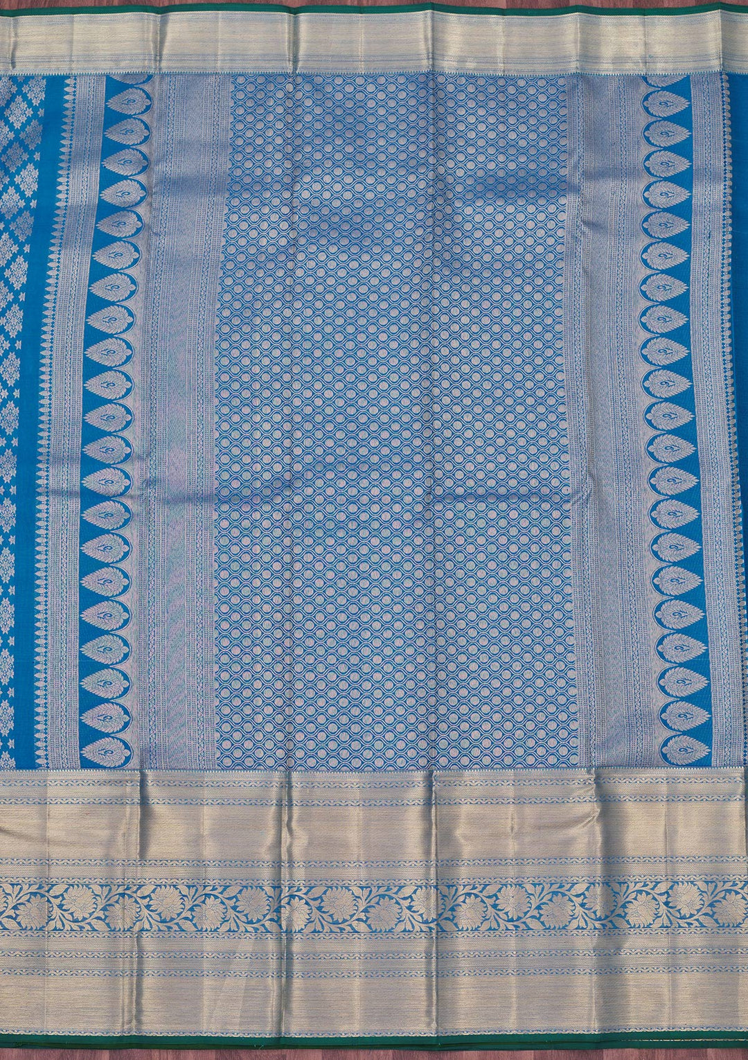 Turquoise Blue Silk Jaal Gold Zariwork Saree With Matching Blouse Piece