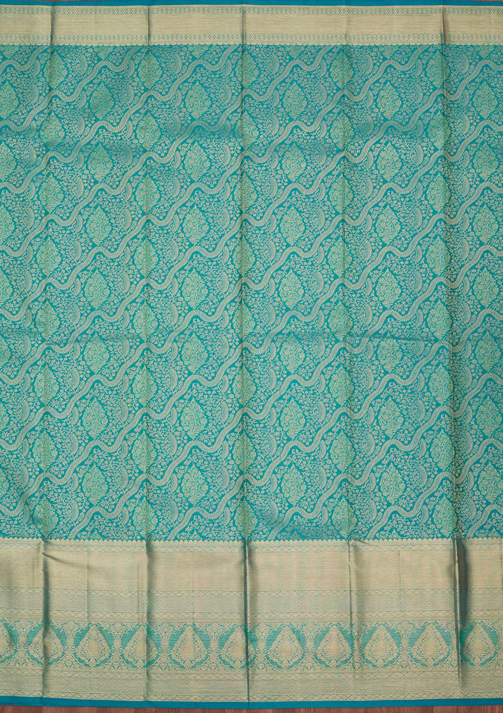 Turquoise Blue Silk Jaal Gold Zariwork Saree With Matching Blouse Piece