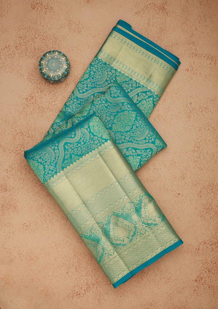 Turquoise Blue Silk Jaal Gold Zariwork Saree With Matching Blouse Piece