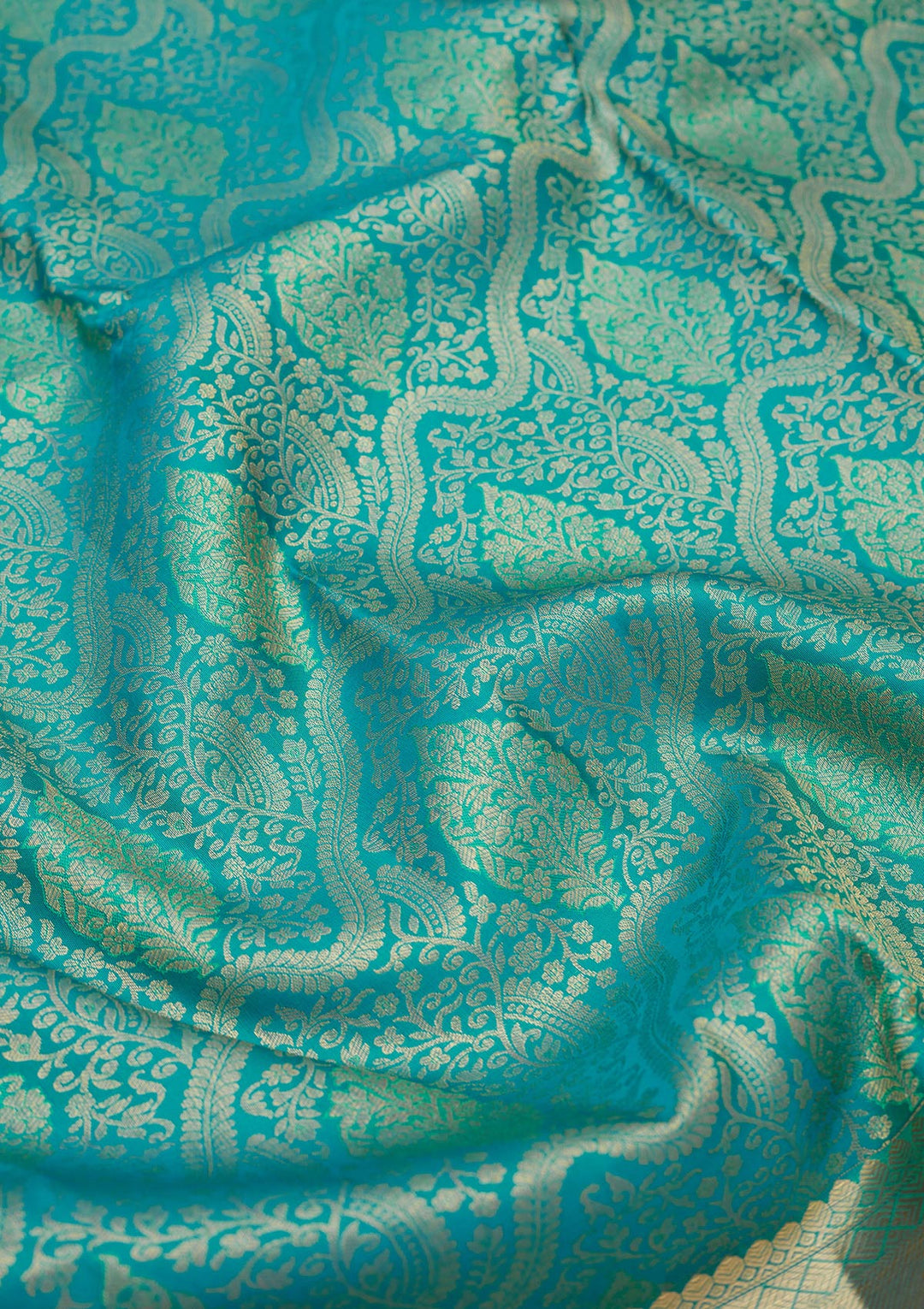 Turquoise Blue Silk Jaal Gold Zariwork Saree With Matching Blouse Piece