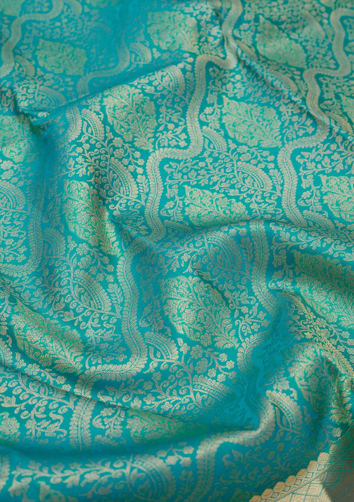 Turquoise Blue Silk Jaal Gold Zariwork Saree With Matching Blouse Piece