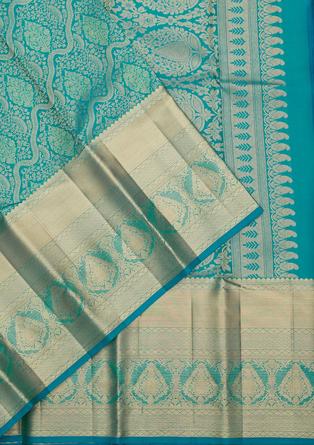 Turquoise Blue Silk Jaal Gold Zariwork Saree With Matching Blouse Piece