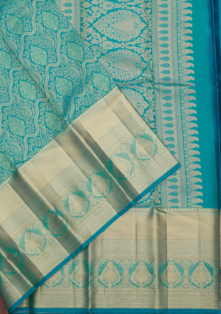 Turquoise Blue Silk Jaal Gold Zariwork Saree With Matching Blouse Piece