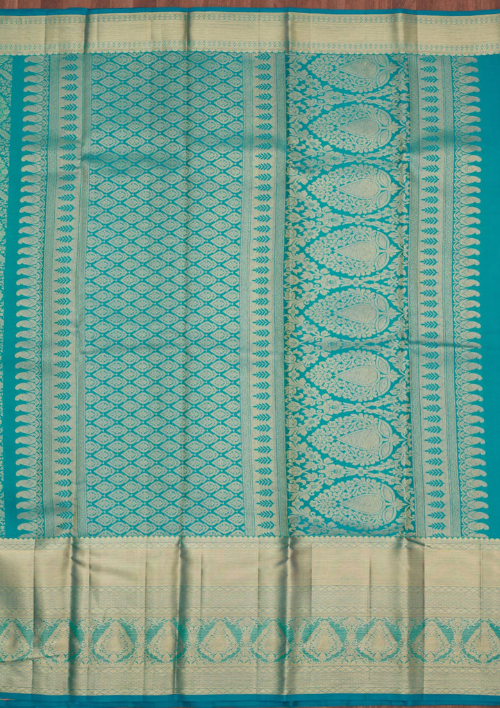 Turquoise Blue Silk Jaal Gold Zariwork Saree With Matching Blouse Piece