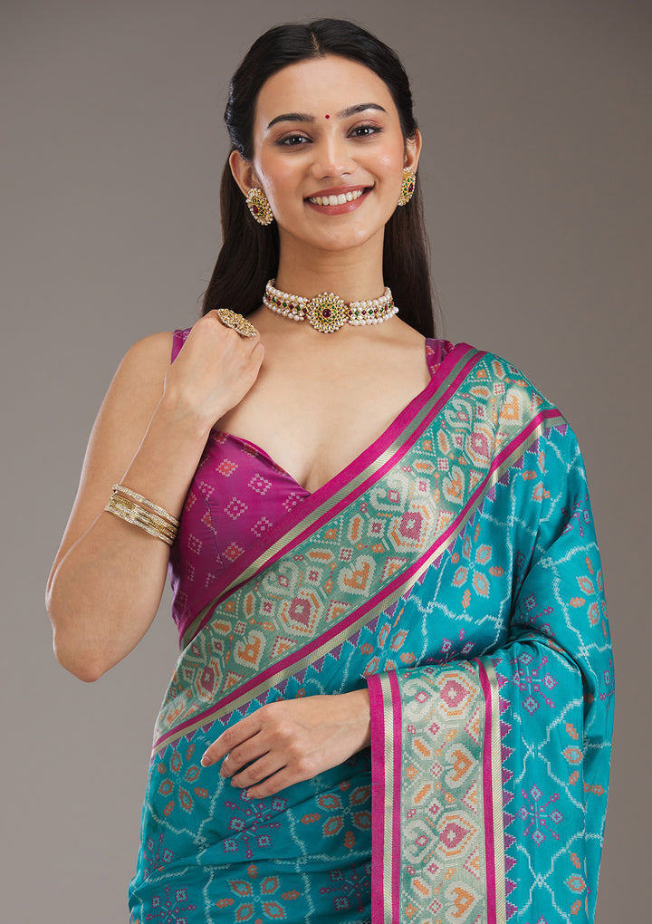 Turquoise Blue Silk Jaal Saree With Matching Blouse Piece