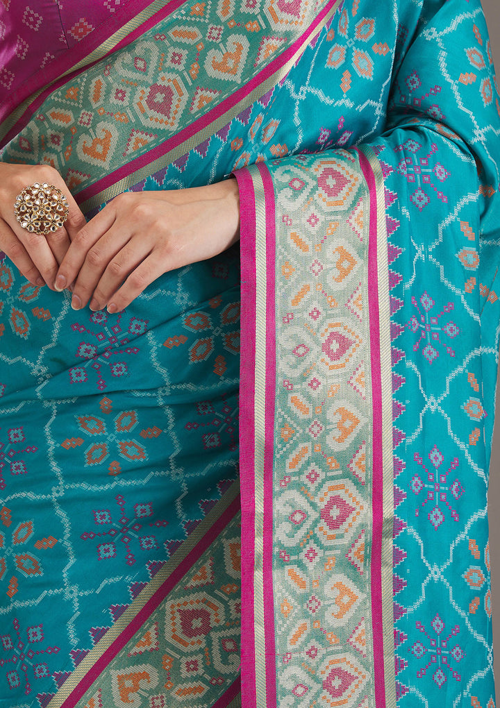 Turquoise Blue Silk Jaal Saree With Matching Blouse Piece