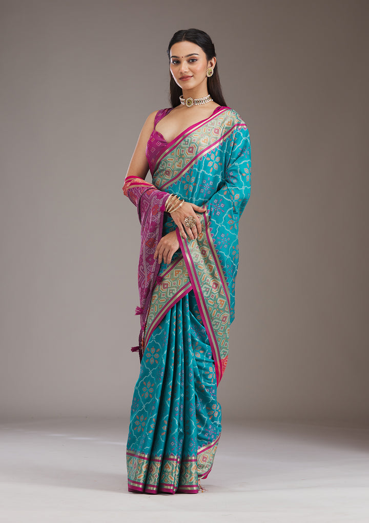 Turquoise Blue Silk Jaal Saree With Matching Blouse Piece