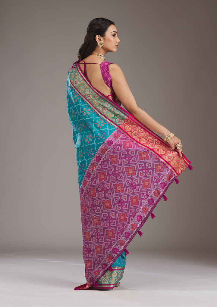Turquoise Blue Silk Jaal Saree With Matching Blouse Piece