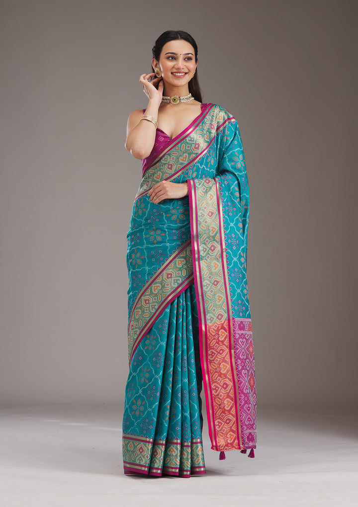 Turquoise Blue Silk Jaal Saree With Matching Blouse Piece