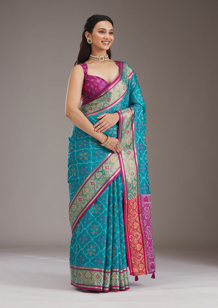 Turquoise Blue Silk Jaal Saree With Matching Blouse Piece