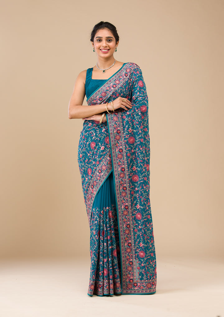 Turquoise Blue Threadwork Tissue Saree