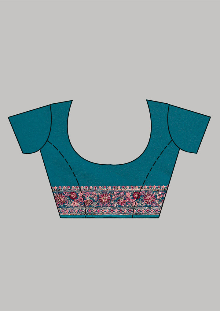 Turquoise Blue Threadwork Tissue Saree