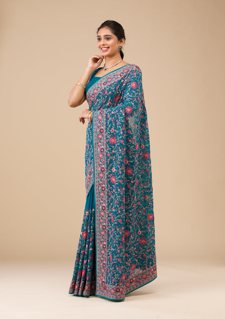 Turquoise Blue Threadwork Tissue Saree