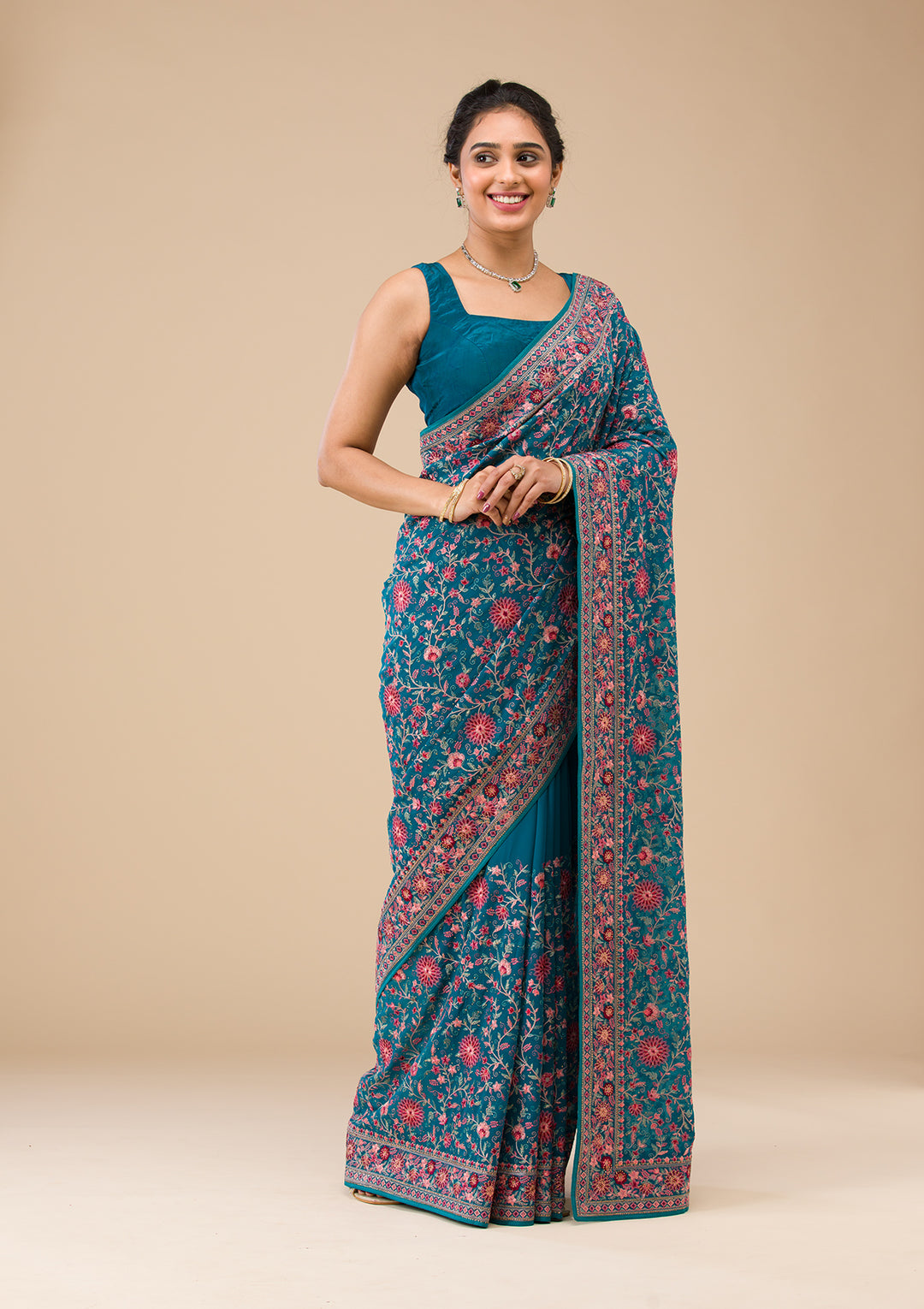 Turquoise Blue Threadwork Tissue Saree
